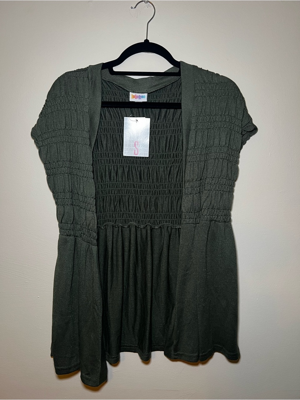 LuLaRoe Kaylin Green/Grey Smocked Short Sleeve Cardigan